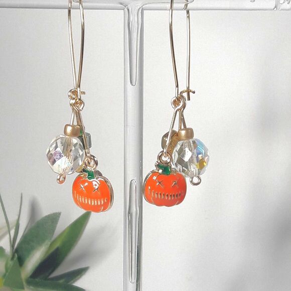 Artisan Earrings 01p# Pumpkin earrings Czech glass fringe earrings Orange dangle - Picture 4 of 6